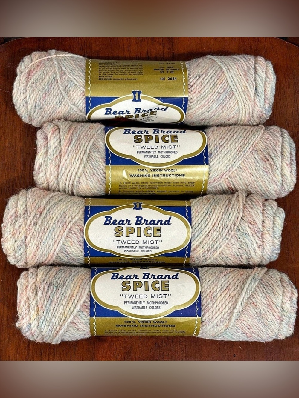 RARE Vintage Bear Brand SPICE "Tweed Mist" 100% Virgin Wool Yarn - 4 Skeins